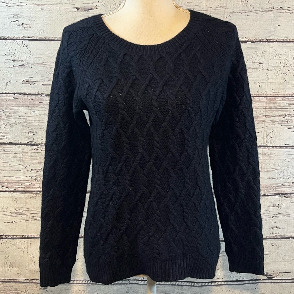 TAHARI Wool Cashmere Blend Cable Knit Crewneck Sweater Navy-XL